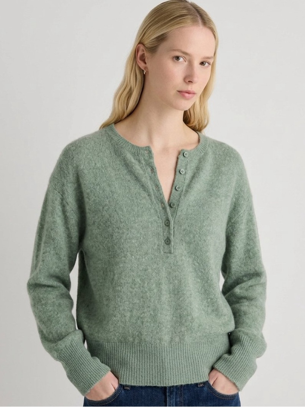 La Redoute V-Neck Button Henley Sweater in Sage Green